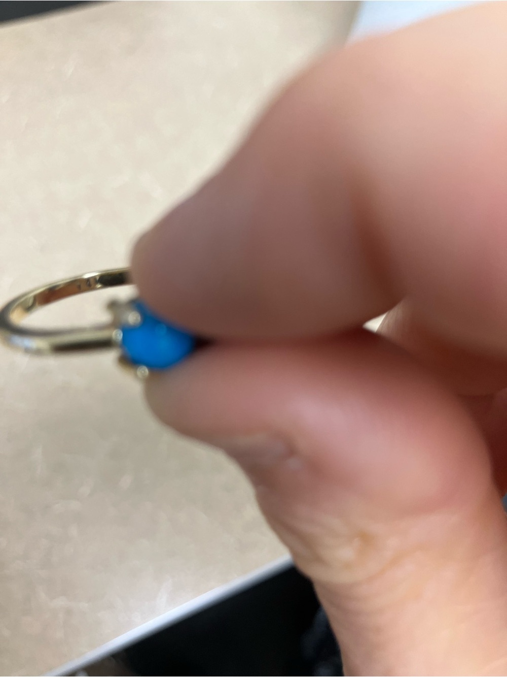 14k Gold Ring with Three Bright Sleeping Beauty Turquoise Stones - Picture 5 of 5
